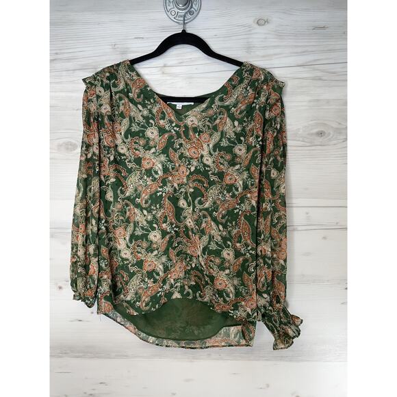 Rose + Olive Tops - Rose + Olive Blouse Womens Large Green Paisley V-Neck Long Sleeve Lined Boho